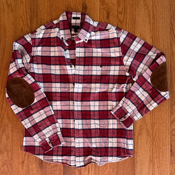 J.Crew Flannel Red White Blue Plaid M Suede Elbow Patches - Picture 1 of 8